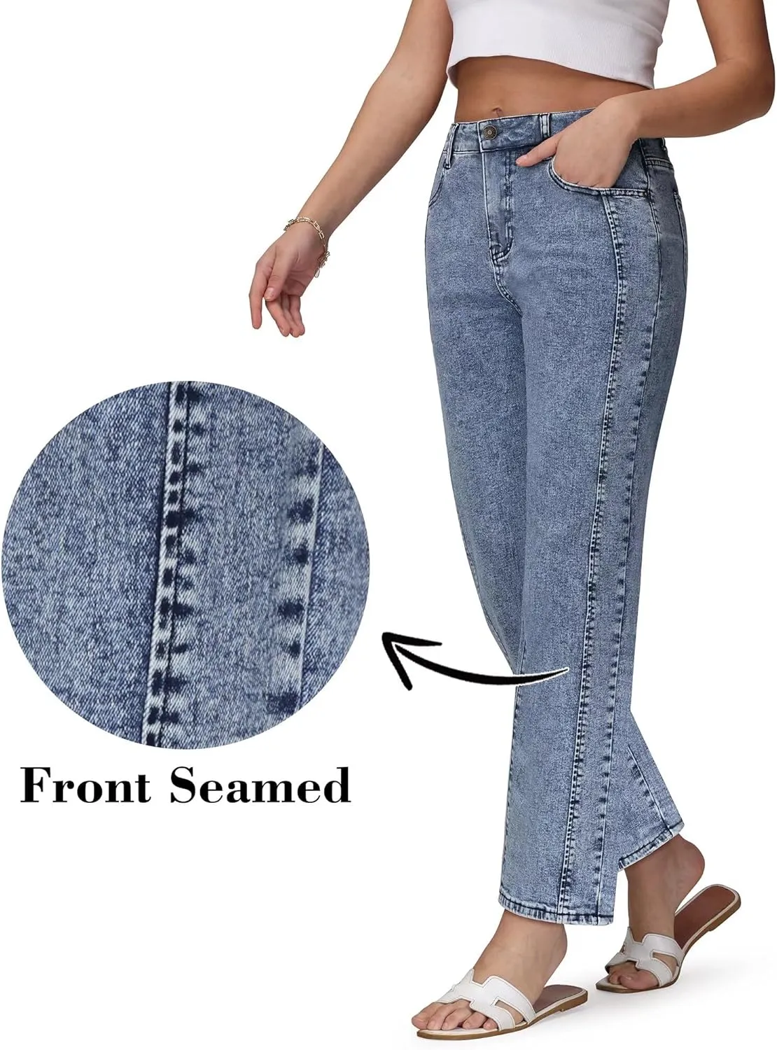 Womens Wide Leg Jeans High Waisted Stretchy Front Seams Ankle Length Straight Leg Jeans for Women