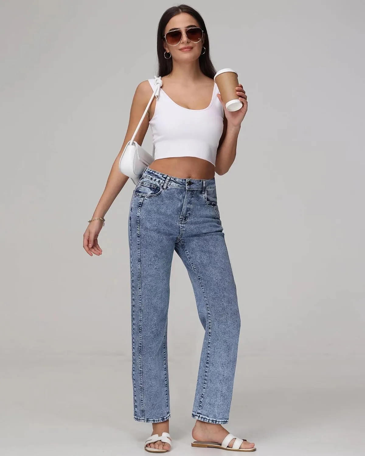 Womens Wide Leg Jeans High Waisted Stretchy Front Seams Ankle Length Straight Leg Jeans for Women