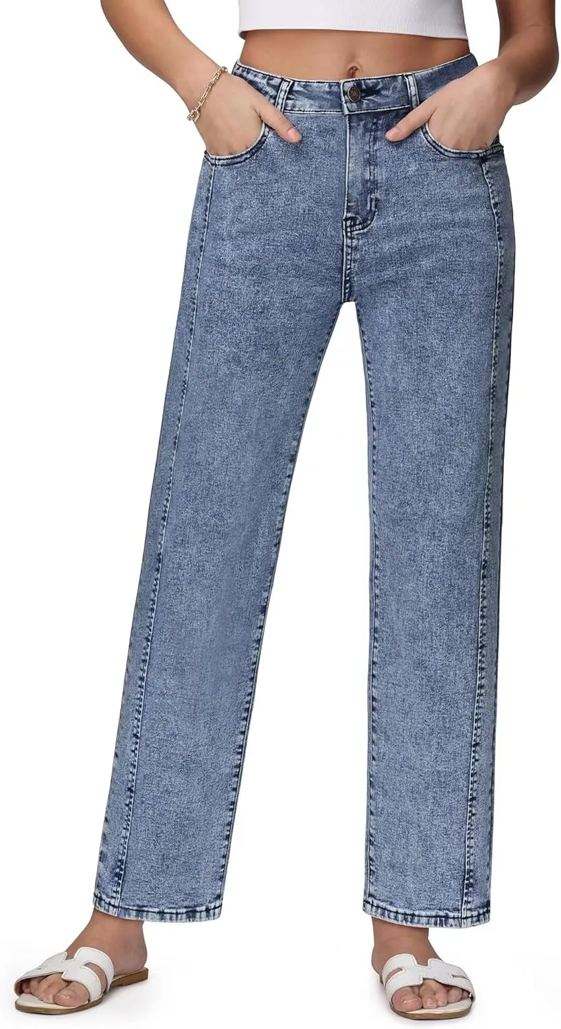 Womens Wide Leg Jeans High Waisted Stretchy Front Seams Ankle Length Straight Leg Jeans for Women