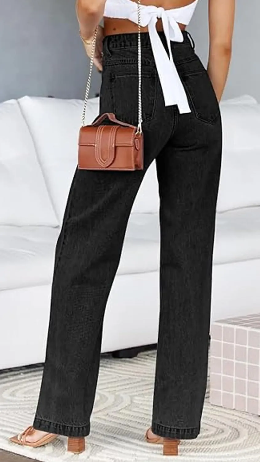 Women's Wide Leg Straight Jeans High Waisted Vintage Stretchy Tummy Control Trendy Recycled Denim Jeans for Women