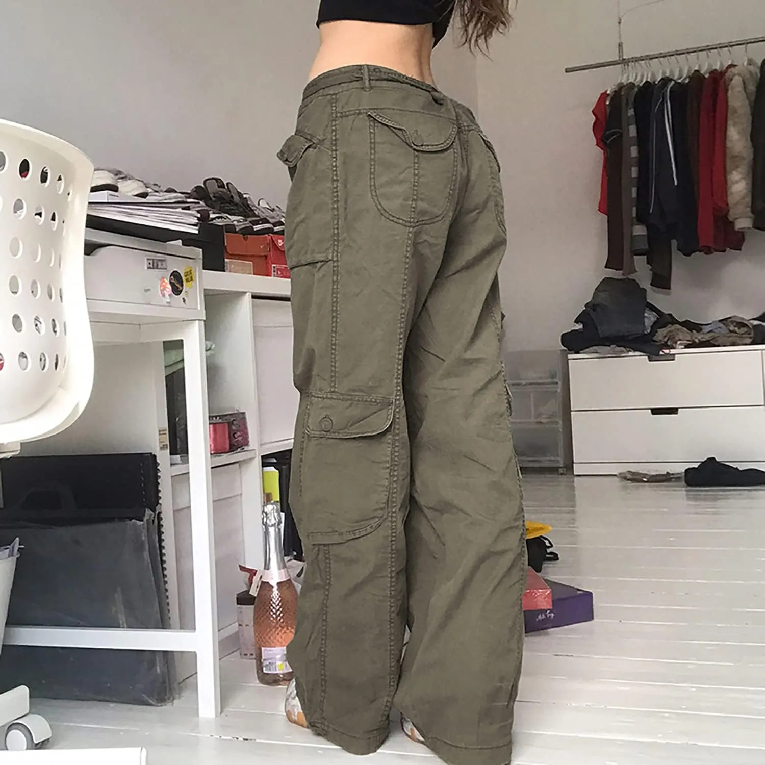 Women's Y2K High Waist Baggy Jeans Flap Pocket Relaxed Fit Straight Wide Leg Loose Fashion Cargo Jeans