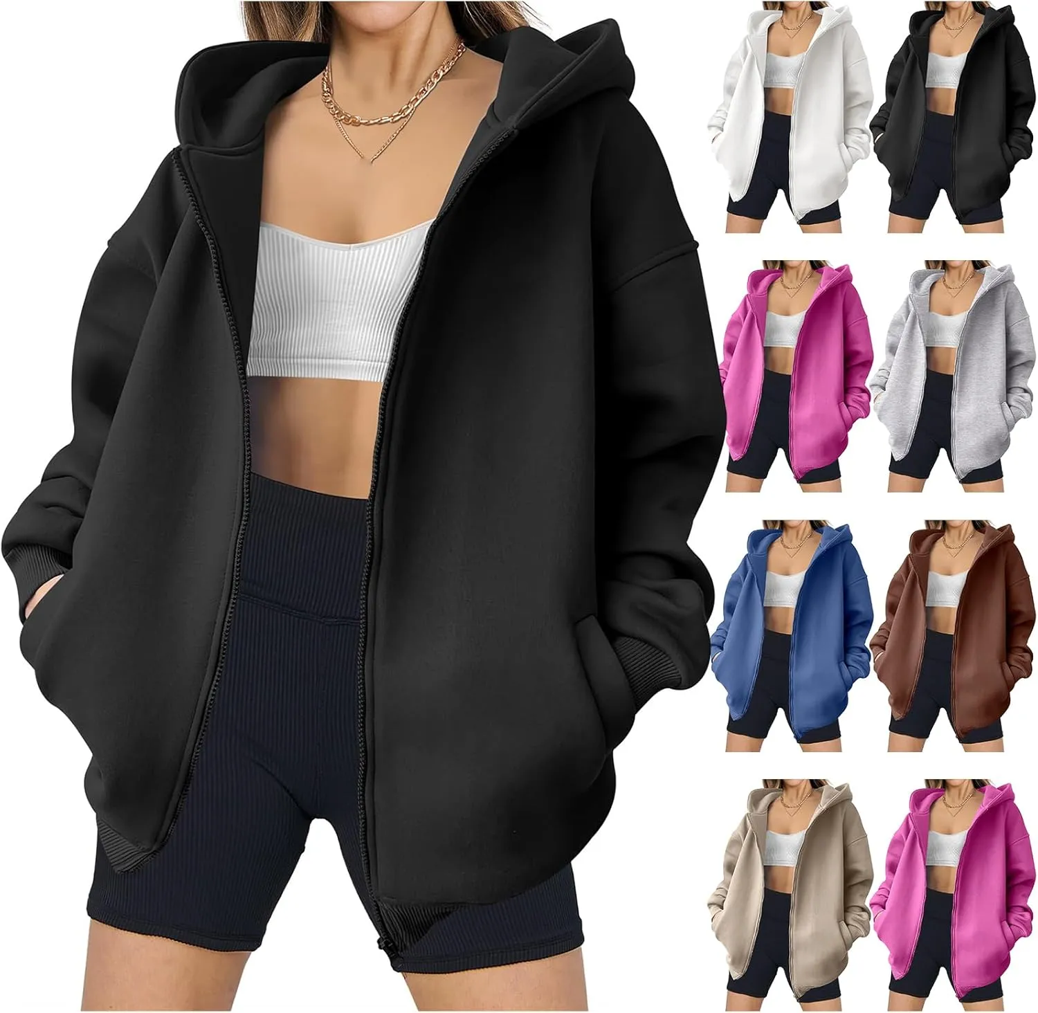 Womens Zip Up Hoodies Oversized Hooded Sweatshirt Casual Long Sleeve Jackets Coat Workout Tops Y2K Outfits