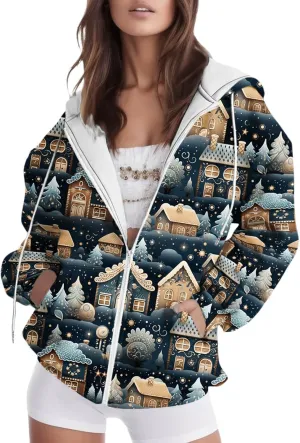 Women's Zip Up Hoodies Oversized Novelty Print Long Sleeve Crewneck Jacket Xmas Pullover with Pockets