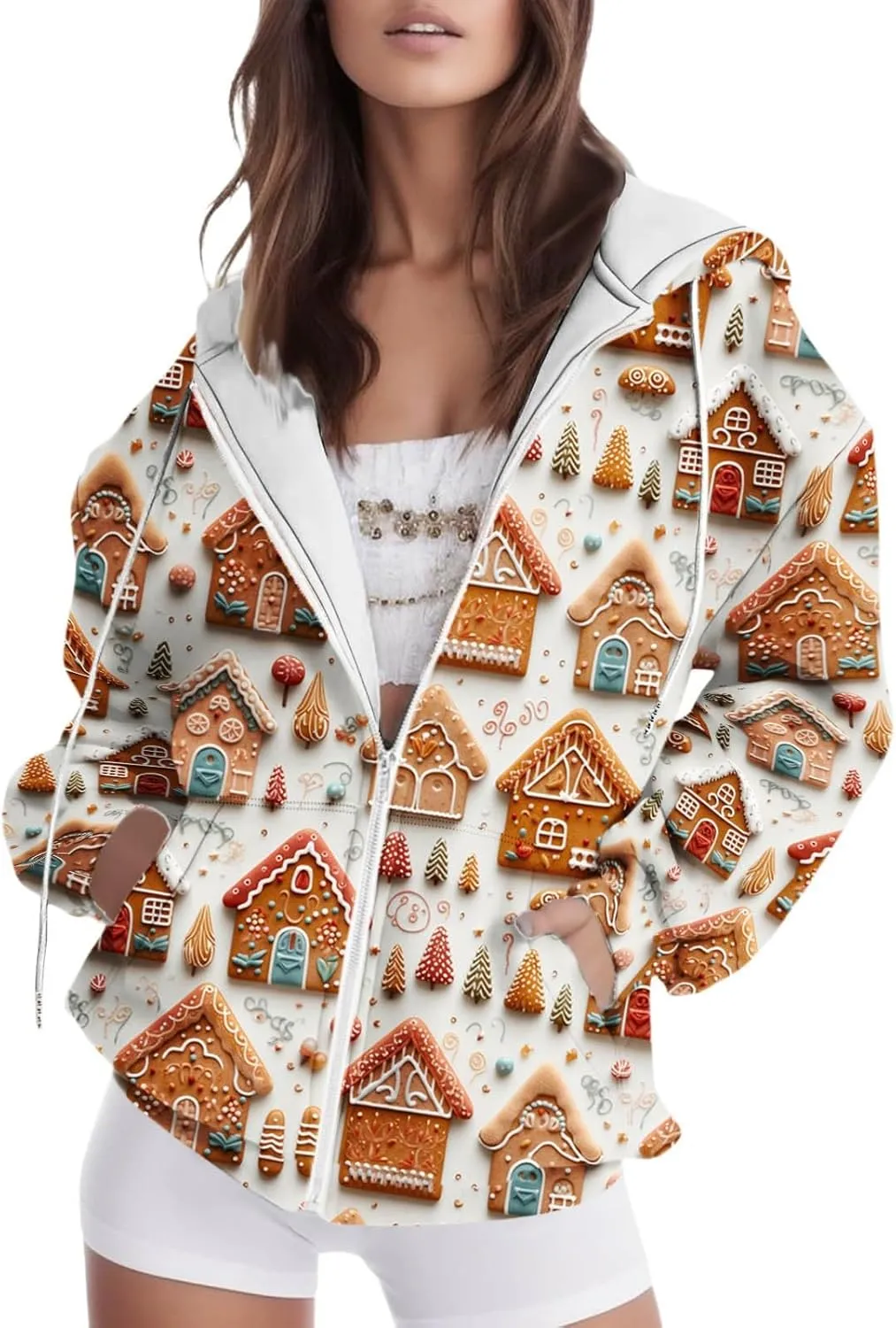Women's Zip Up Hoodies Oversized Novelty Print Long Sleeve Crewneck Jacket Xmas Pullover with Pockets