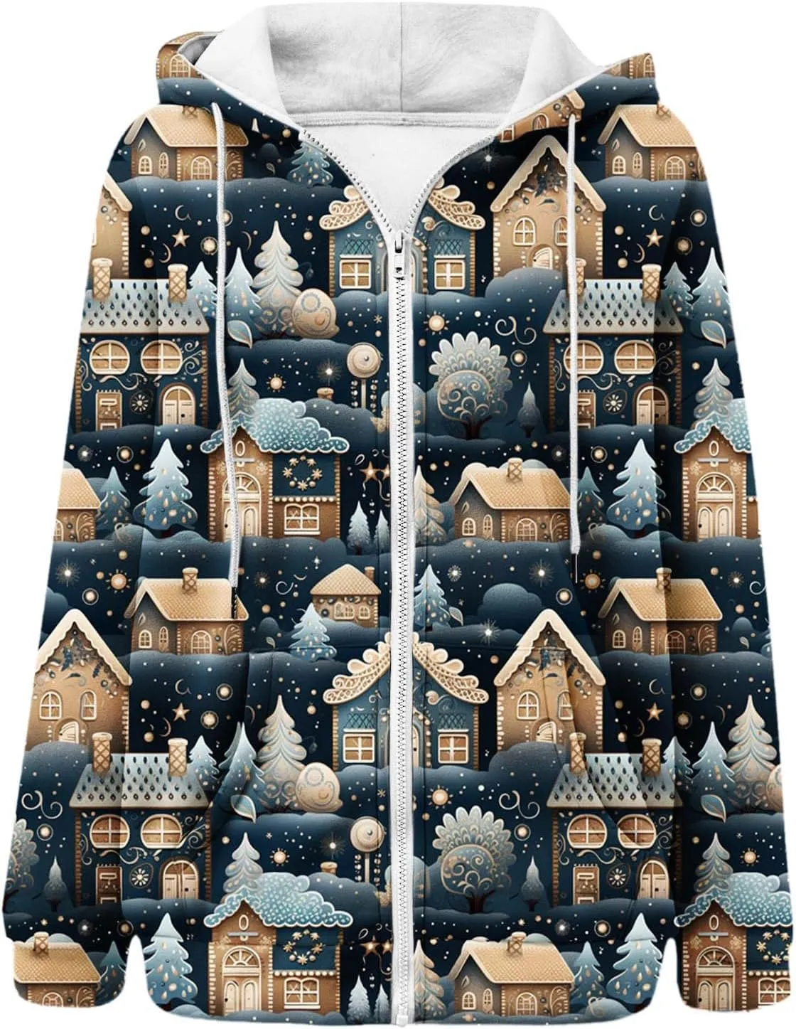 Women's Zip Up Hoodies Oversized Novelty Print Long Sleeve Crewneck Jacket Xmas Pullover with Pockets
