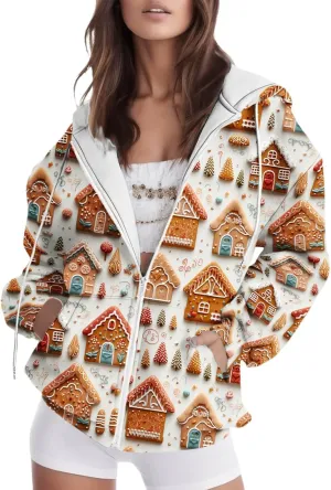 Women's Zip Up Hoodies Oversized Novelty Print Long Sleeve Crewneck Jacket Xmas Pullover with Pockets
