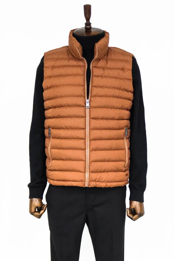 WSS Quilted Zippered Light Brown Men Down Vest  - Singen