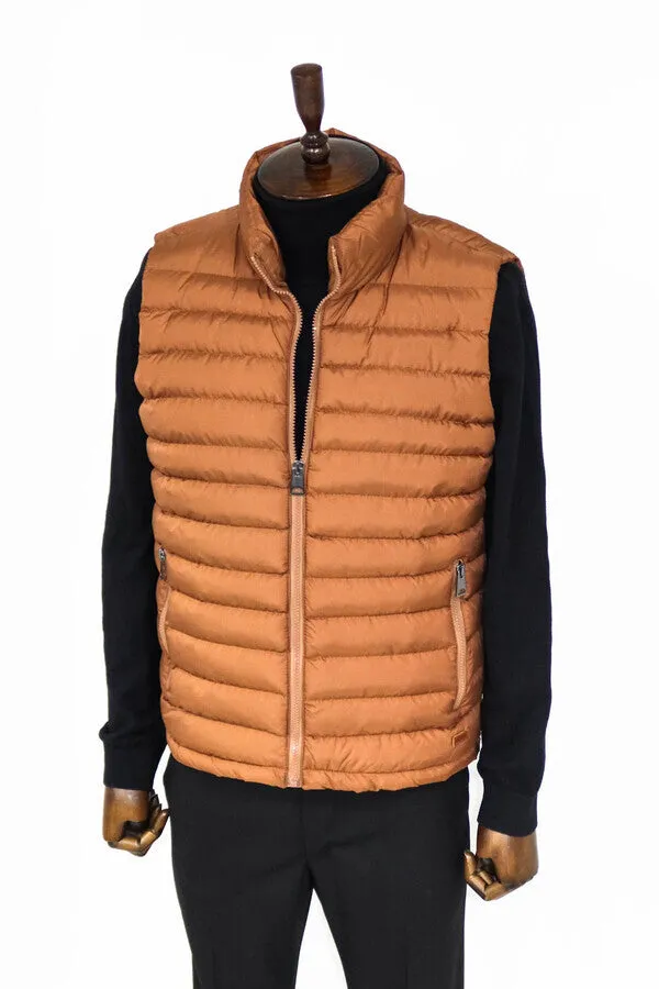 WSS Quilted Zippered Light Brown Men Down Vest  - Singen