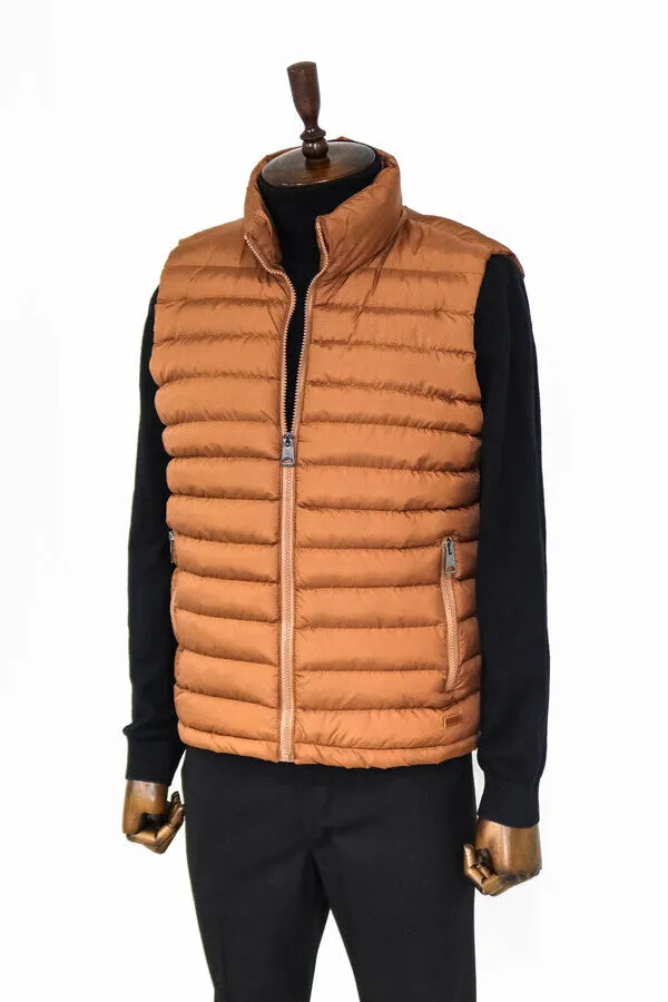 WSS Quilted Zippered Light Brown Men Down Vest  - Singen