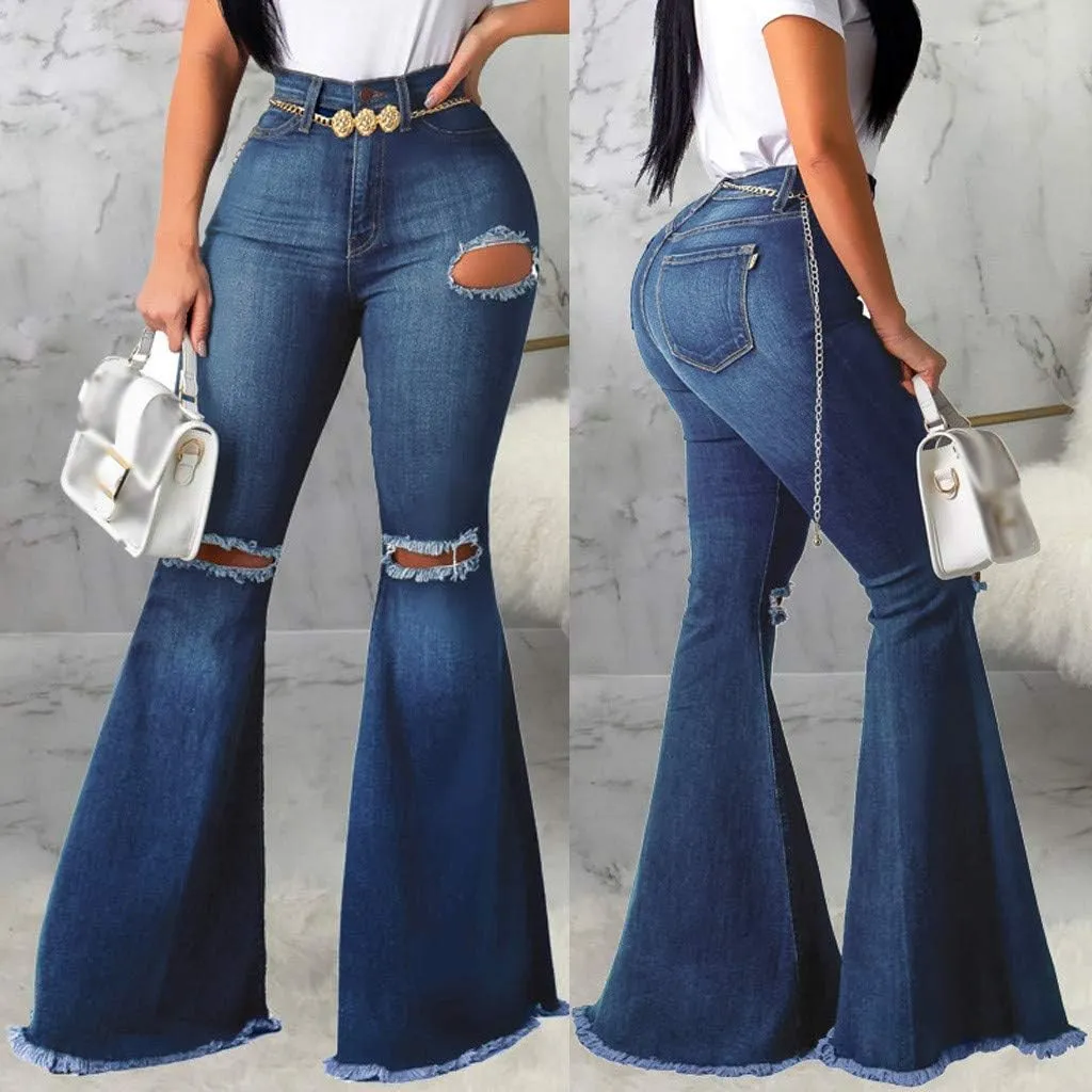 WUAI Plus Size Jeans for Women,Classic High Waist Bell Bottom Flare Jeans Stretch Fit Bootcut Jean Denim Pants