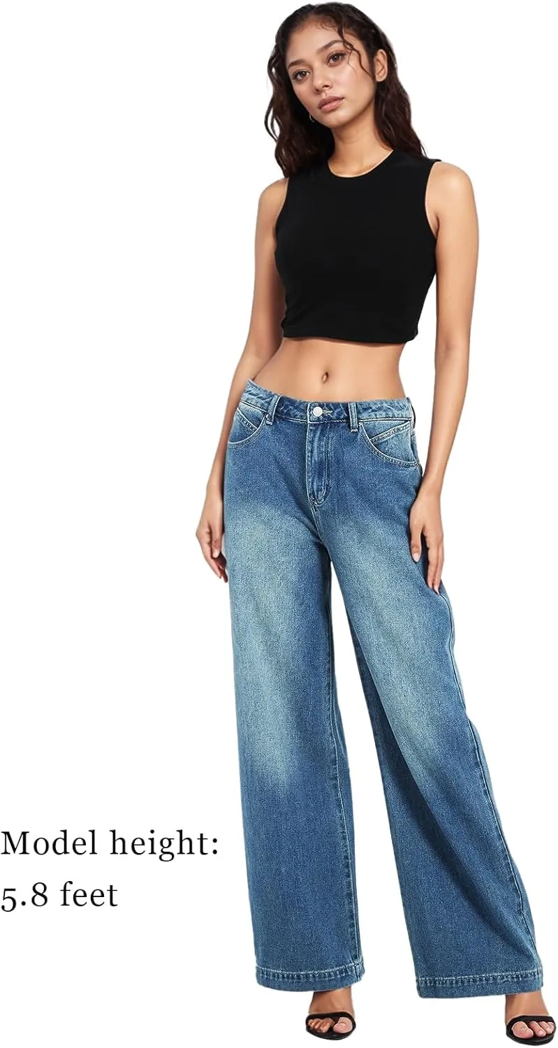 Xineicy Women's Jeans Wide Leg Baggy Jeans Low Waist Y2K Loose Boyfriends Denim Pants Vintage Streetwear