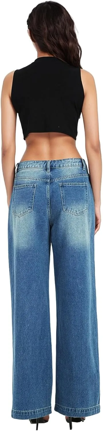 Xineicy Women's Jeans Wide Leg Baggy Jeans Low Waist Y2K Loose Boyfriends Denim Pants Vintage Streetwear