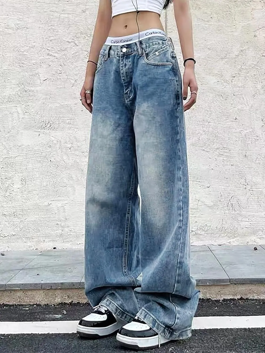 Xineicy Women's Jeans Wide Leg Baggy Jeans Low Waist Y2K Loose Boyfriends Denim Pants Vintage Streetwear