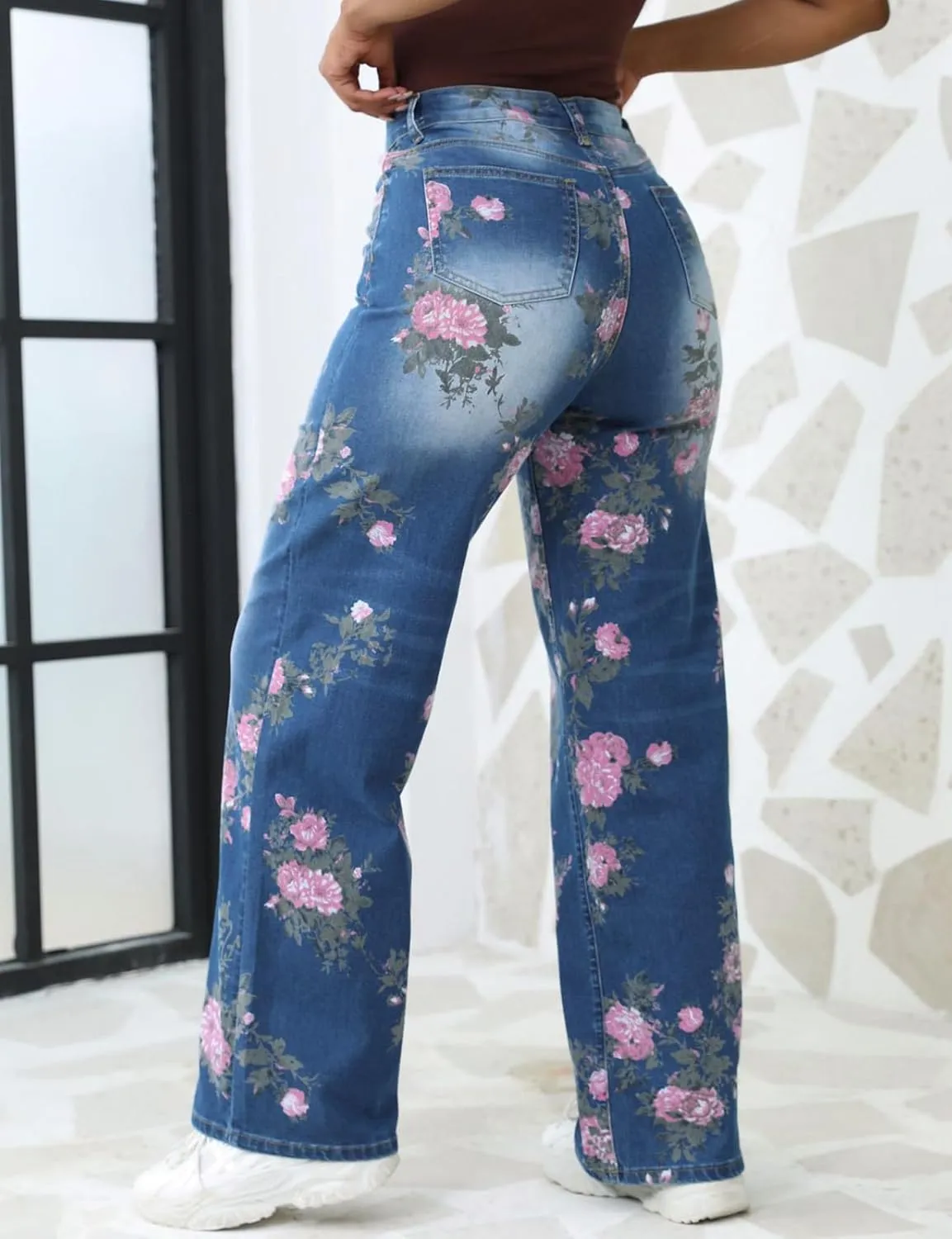Y2K Floral Printed Wide Leg Baggy Flowers Jeans for Women Stretch High Waisted Straight Leg Butterfly Jeans