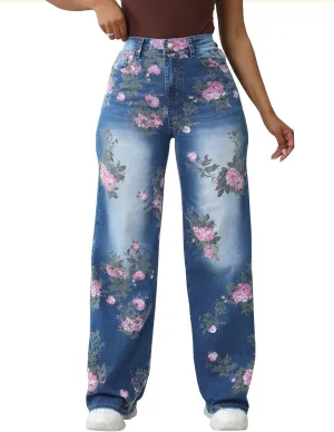 Y2K Floral Printed Wide Leg Baggy Flowers Jeans for Women Stretch High Waisted Straight Leg Butterfly Jeans