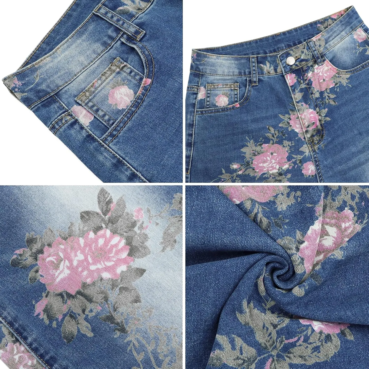 Y2K Floral Printed Wide Leg Baggy Flowers Jeans for Women Stretch High Waisted Straight Leg Butterfly Jeans