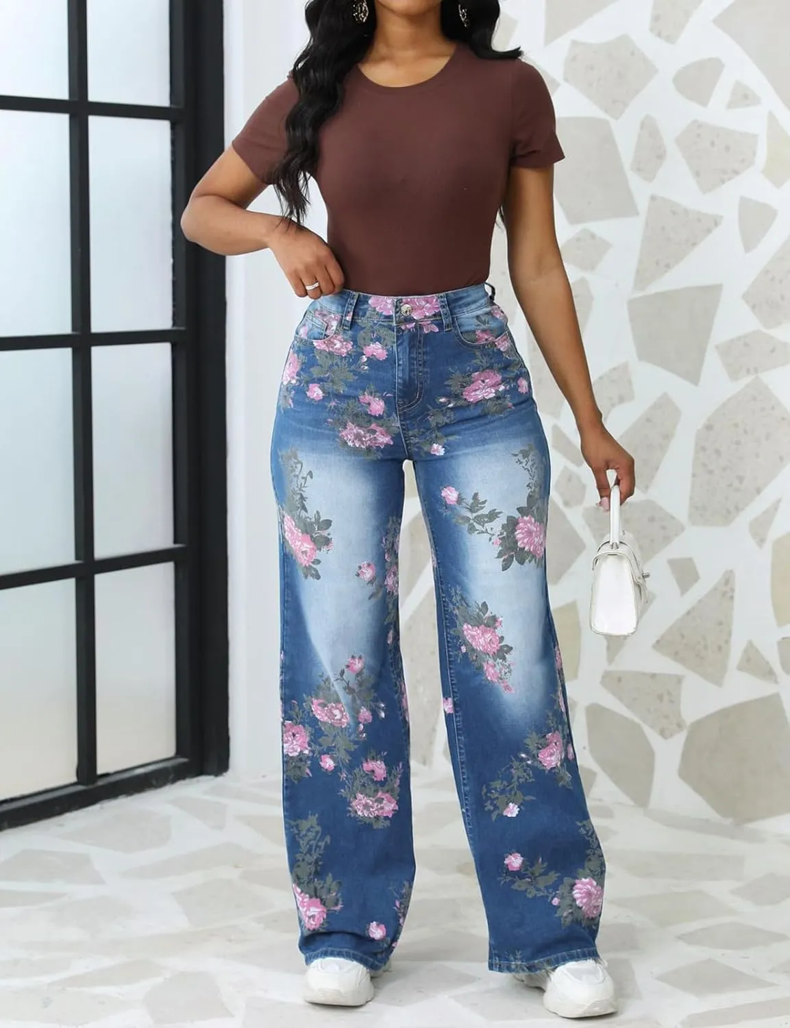 Y2K Floral Printed Wide Leg Baggy Flowers Jeans for Women Stretch High Waisted Straight Leg Butterfly Jeans