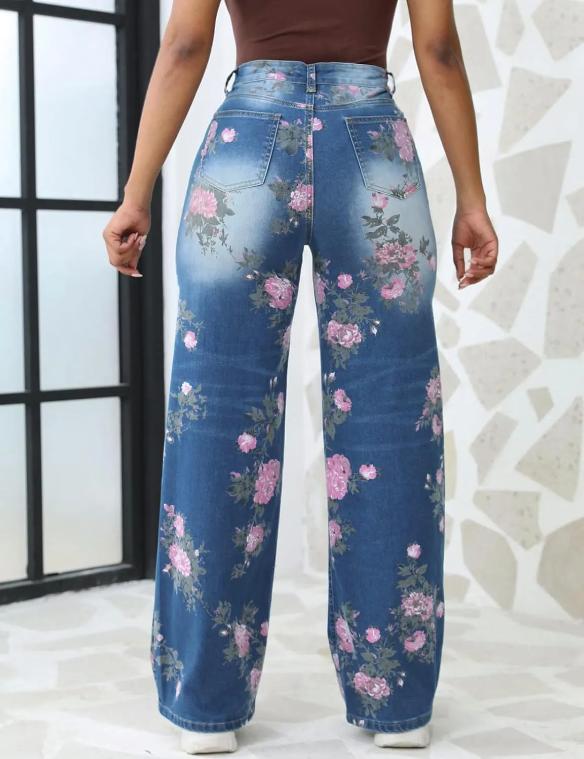 Y2K Floral Printed Wide Leg Baggy Flowers Jeans for Women Stretch High Waisted Straight Leg Butterfly Jeans