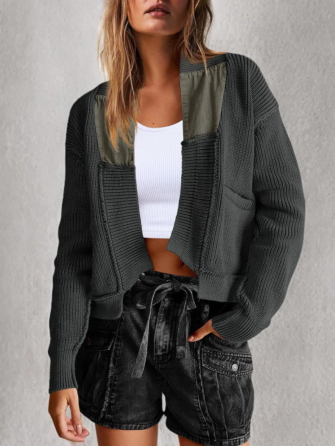 Yanekop Womens Oversized Cardigan Sweater Open Front Outerwear Chunky Knit Cropped Sweater Jacket with Pockets