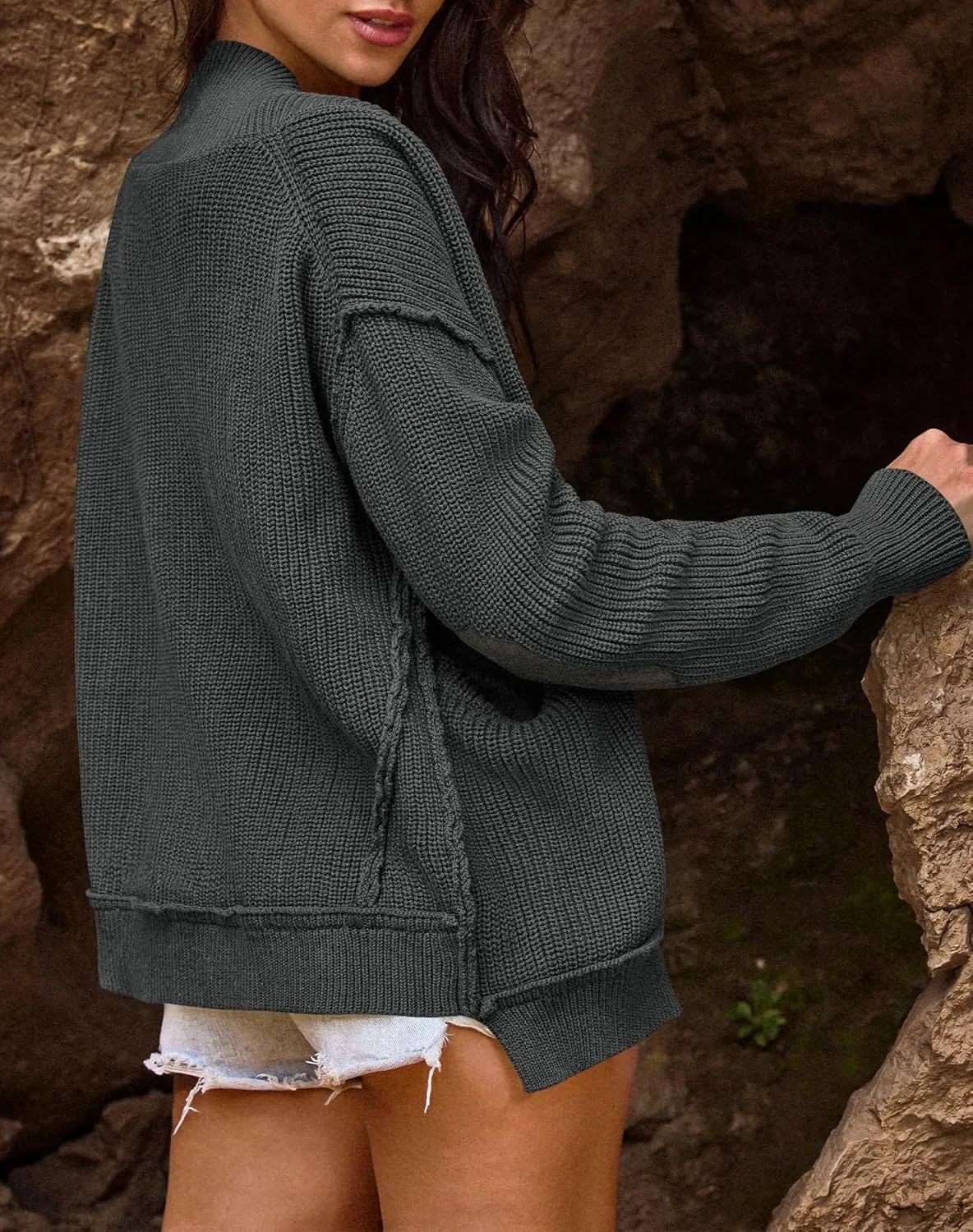 Yanekop Womens Oversized Cardigan Sweater Open Front Outerwear Chunky Knit Cropped Sweater Jacket with Pockets
