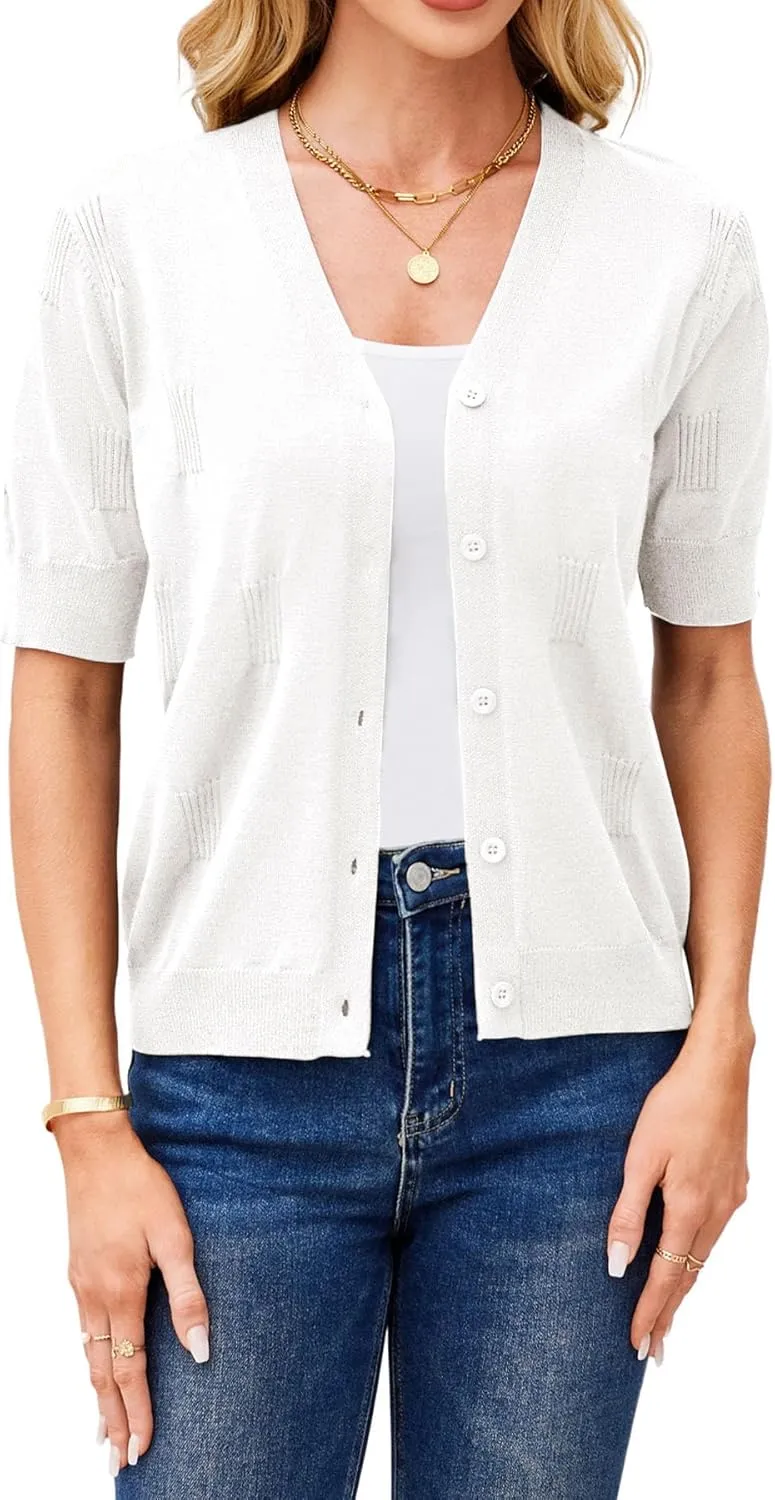 Yekaty Short Sleeve Cardigans for Women Lightweight Summer Sweaters Cropped V Neck Button Bolero Sweater