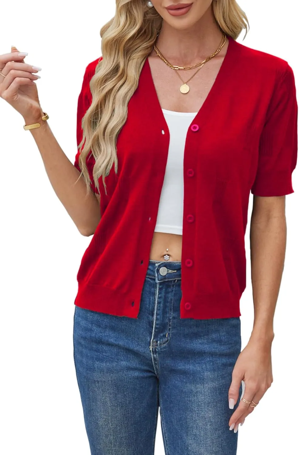 Yekaty Short Sleeve Cardigans for Women Lightweight Summer Sweaters Cropped V Neck Button Bolero Sweater