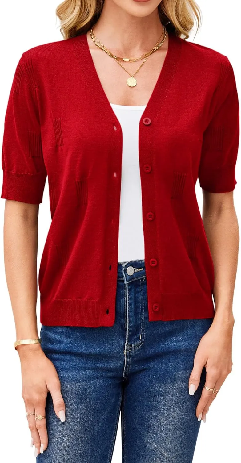 Yekaty Short Sleeve Cardigans for Women Lightweight Summer Sweaters Cropped V Neck Button Bolero Sweater
