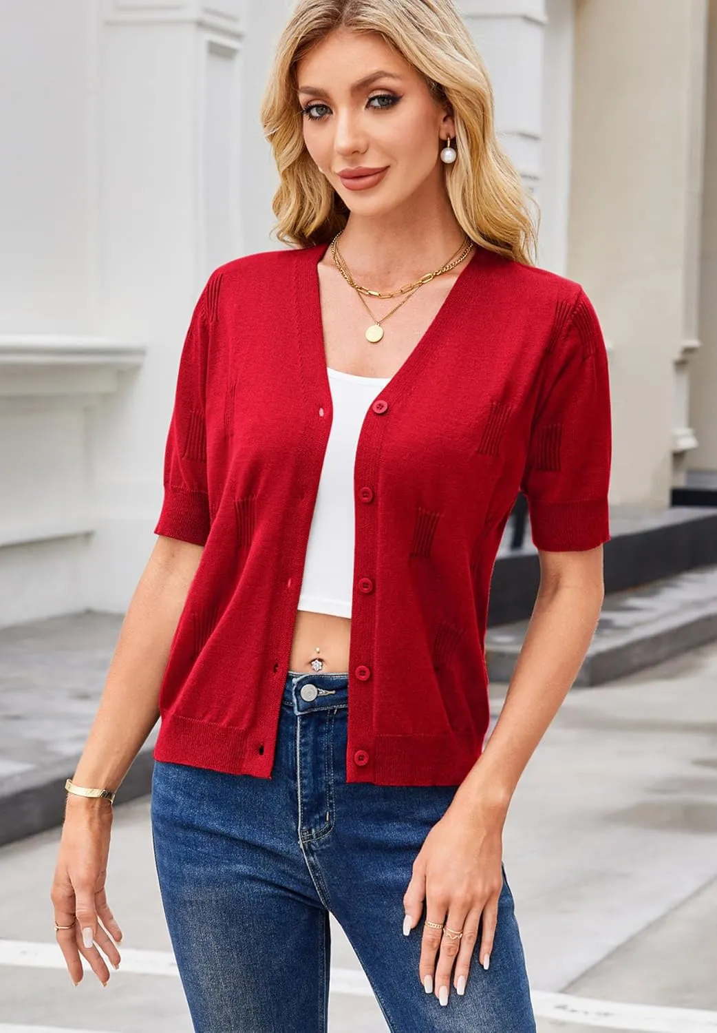 Yekaty Short Sleeve Cardigans for Women Lightweight Summer Sweaters Cropped V Neck Button Bolero Sweater