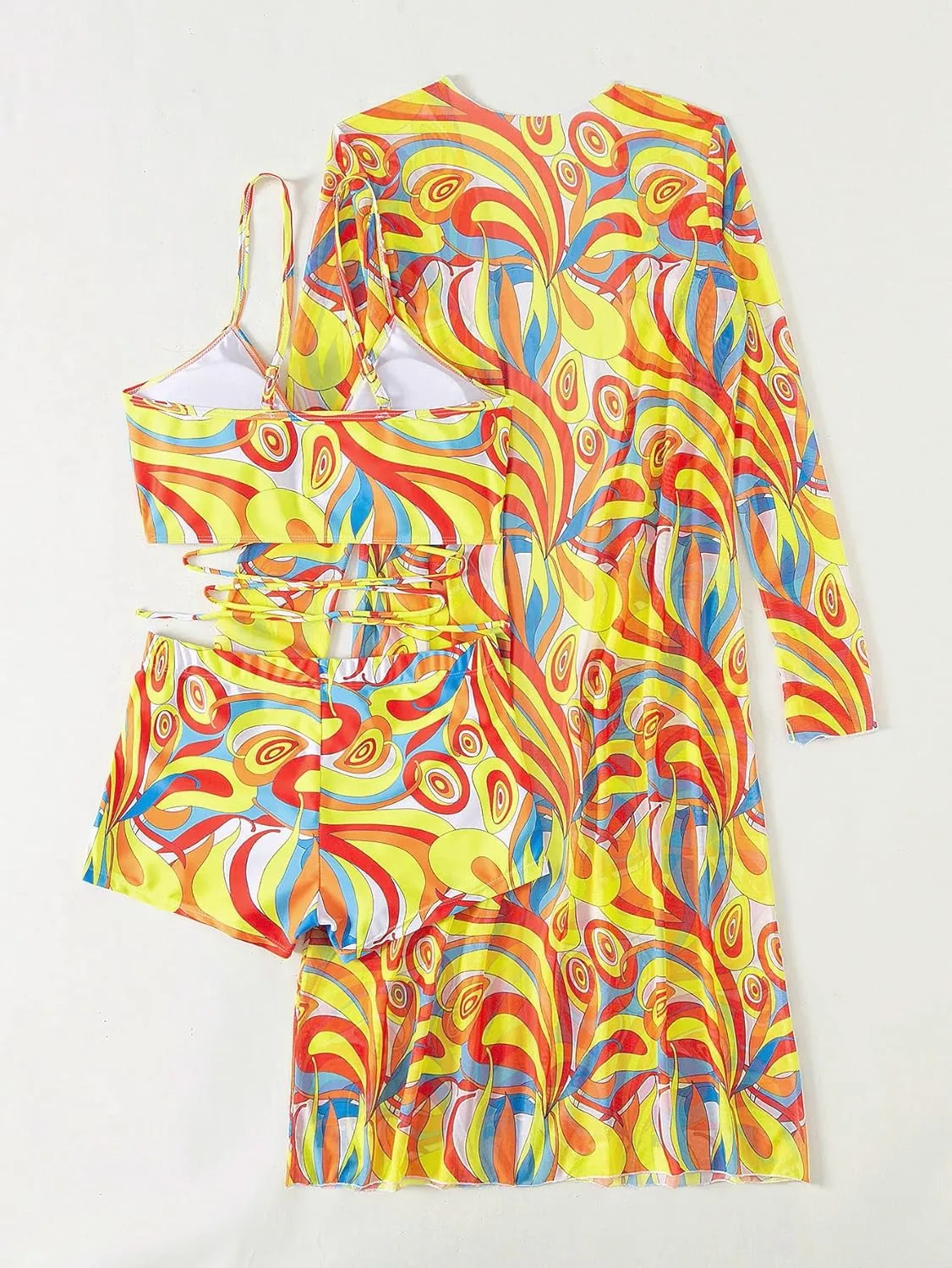Yknktstc Womens 3 Pieces Bikini Set Swimsuit Tropical Beach Cover up Kimono Swimwear Bathing Suit with Boy Shorts