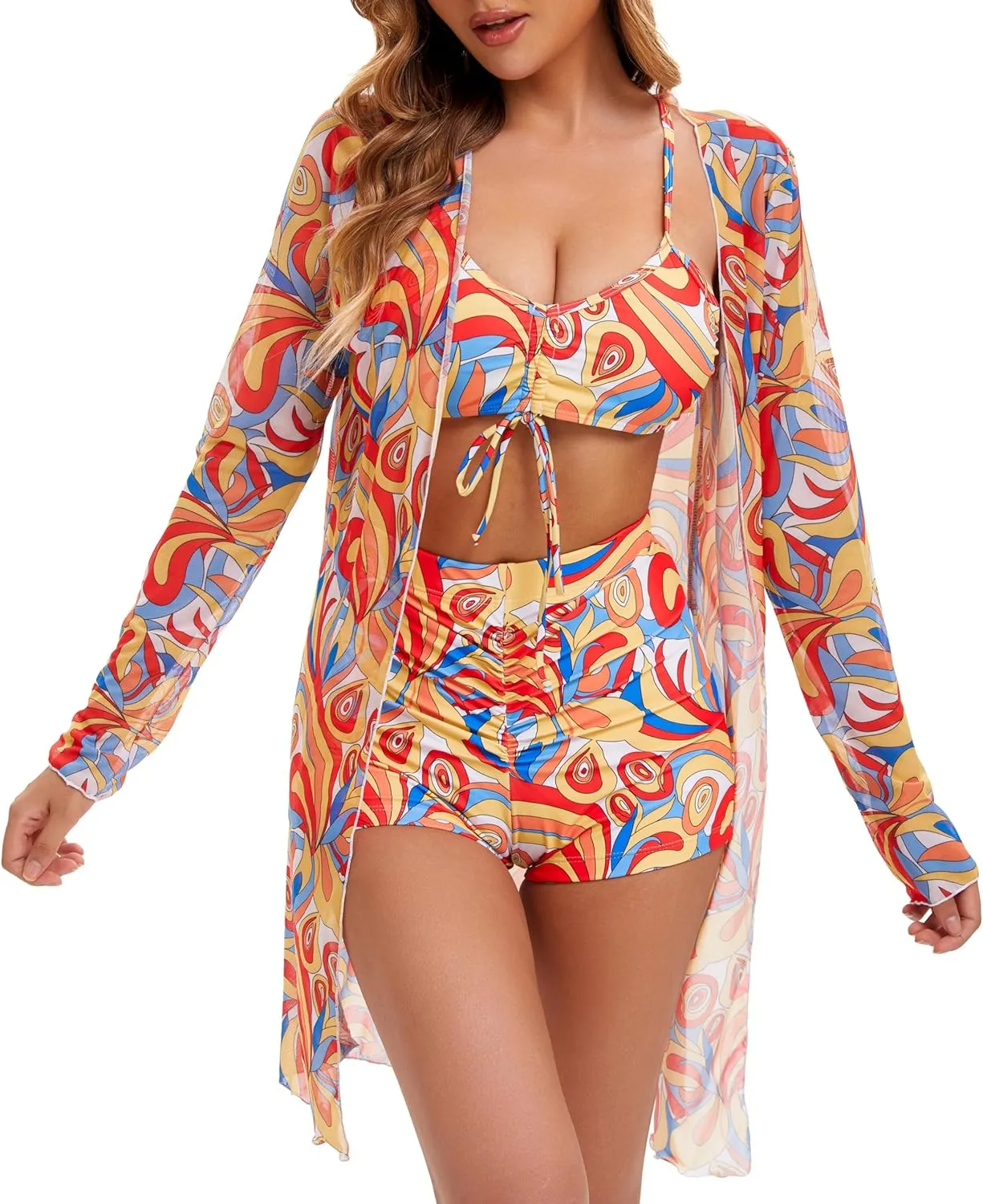 Yknktstc Womens 3 Pieces Bikini Set Swimsuit Tropical Beach Cover up Kimono Swimwear Bathing Suit with Boy Shorts