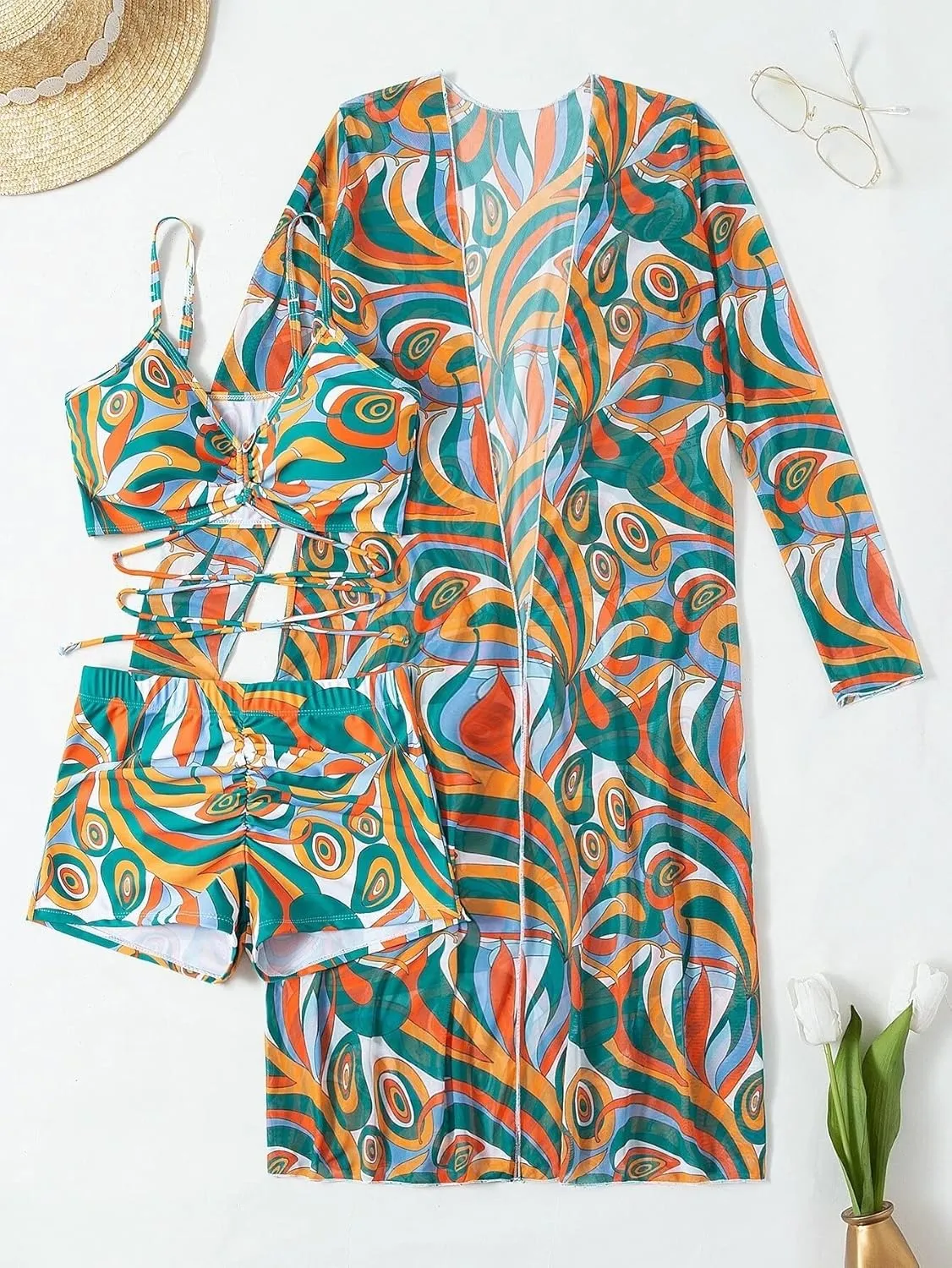 Yknktstc Womens 3 Pieces Bikini Set Swimsuit Tropical Beach Cover up Kimono Swimwear Bathing Suit with Boy Shorts