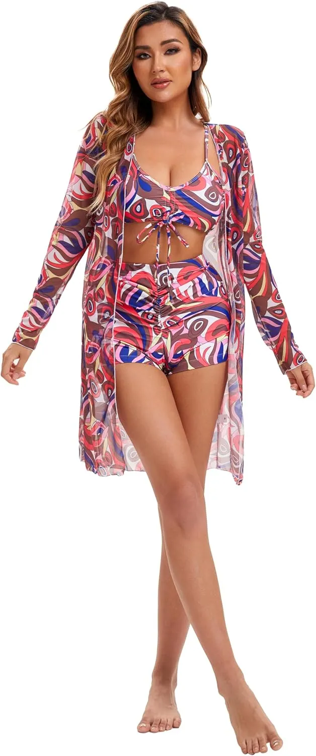 Yknktstc Womens 3 Pieces Bikini Set Swimsuit Tropical Beach Cover up Kimono Swimwear Bathing Suit with Boy Shorts