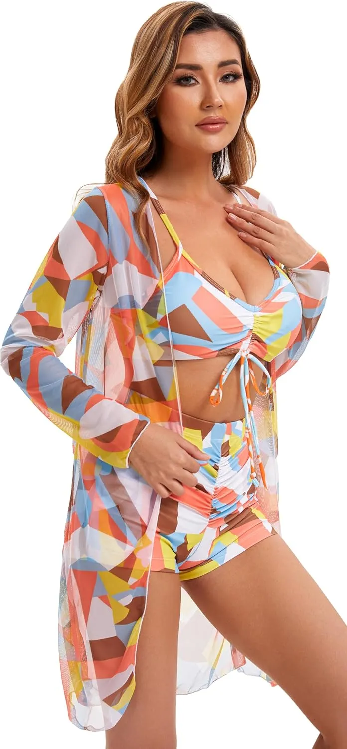 Yknktstc Womens 3 Pieces Bikini Set Swimsuit Tropical Beach Cover up Kimono Swimwear Bathing Suit with Boy Shorts