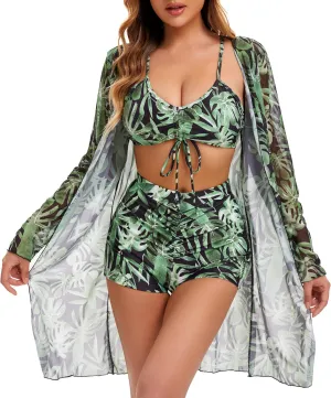 Yknktstc Womens 3 Pieces Bikini Set Swimsuit Tropical Beach Cover up Kimono Swimwear Bathing Suit with Boy Shorts