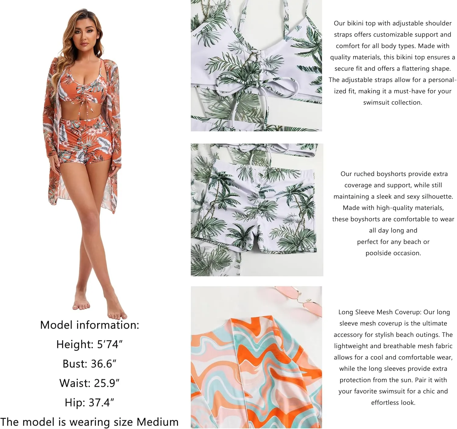 Yknktstc Womens 3 Pieces Bikini Set Swimsuit Tropical Beach Cover up Kimono Swimwear Bathing Suit with Boy Shorts