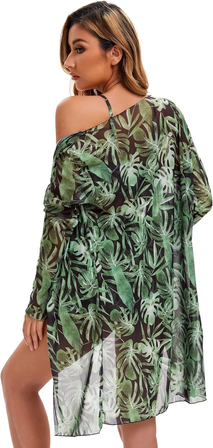 Yknktstc Womens 3 Pieces Bikini Set Swimsuit Tropical Beach Cover up Kimono Swimwear Bathing Suit with Boy Shorts