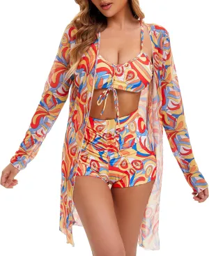 Yknktstc Womens 3 Pieces Bikini Set Swimsuit Tropical Beach Cover up Kimono Swimwear Bathing Suit with Boy Shorts