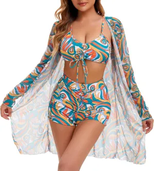 Yknktstc Womens 3 Pieces Bikini Set Swimsuit Tropical Beach Cover up Kimono Swimwear Bathing Suit with Boy Shorts