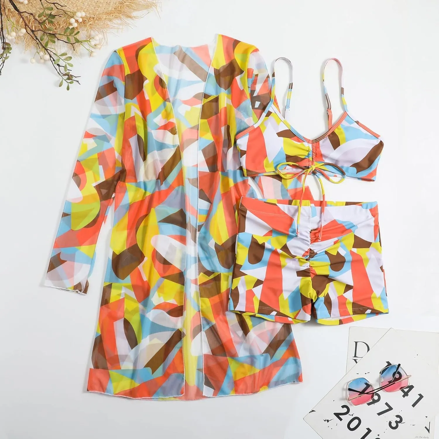 Yknktstc Womens 3 Pieces Bikini Set Swimsuit Tropical Beach Cover up Kimono Swimwear Bathing Suit with Boy Shorts