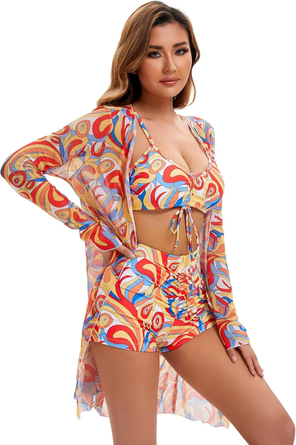 Yknktstc Womens 3 Pieces Bikini Set Swimsuit Tropical Beach Cover up Kimono Swimwear Bathing Suit with Boy Shorts