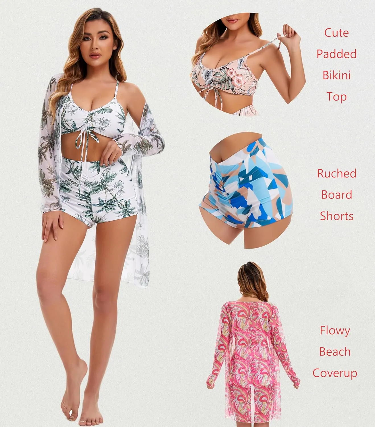 Yknktstc Womens 3 Pieces Bikini Set Swimsuit Tropical Beach Cover up Kimono Swimwear Bathing Suit with Boy Shorts