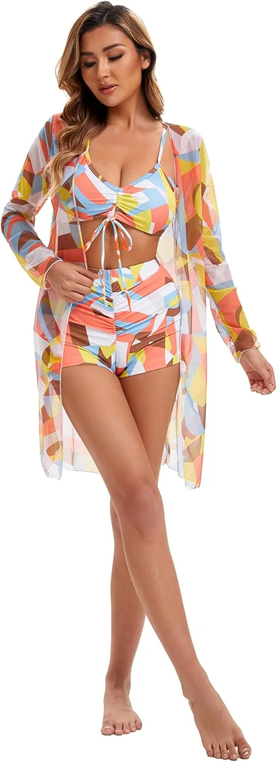 Yknktstc Womens 3 Pieces Bikini Set Swimsuit Tropical Beach Cover up Kimono Swimwear Bathing Suit with Boy Shorts
