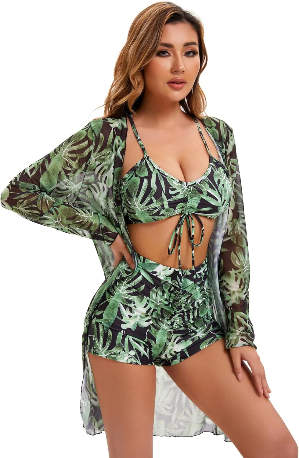 Yknktstc Womens 3 Pieces Bikini Set Swimsuit Tropical Beach Cover up Kimono Swimwear Bathing Suit with Boy Shorts