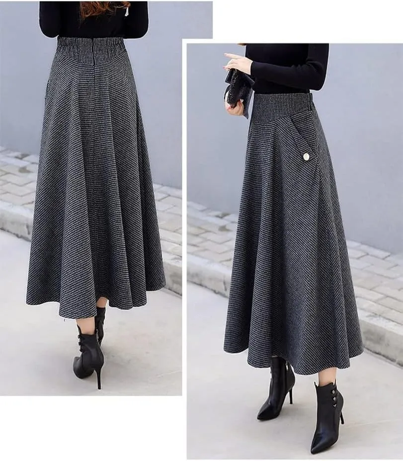 Ylingjun Warm Long Wool Skirt for Womens Winter Fall Elastic High Waisted A Line Flared Pleated Wool Skirts