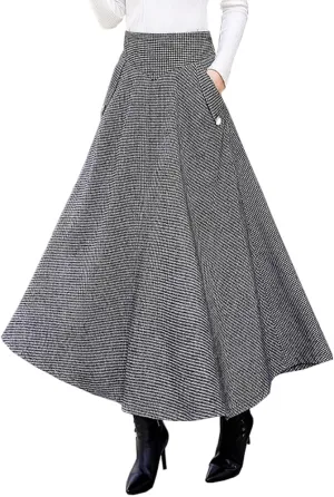 Ylingjun Warm Long Wool Skirt for Womens Winter Fall Elastic High Waisted A Line Flared Pleated Wool Skirts