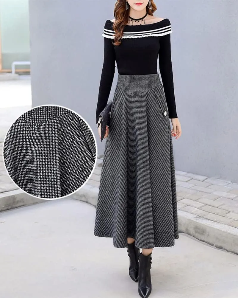 Ylingjun Warm Long Wool Skirt for Womens Winter Fall Elastic High Waisted A Line Flared Pleated Wool Skirts