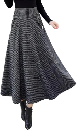 Ylingjun Warm Long Wool Skirt for Womens Winter Fall Elastic High Waisted A Line Flared Pleated Wool Skirts
