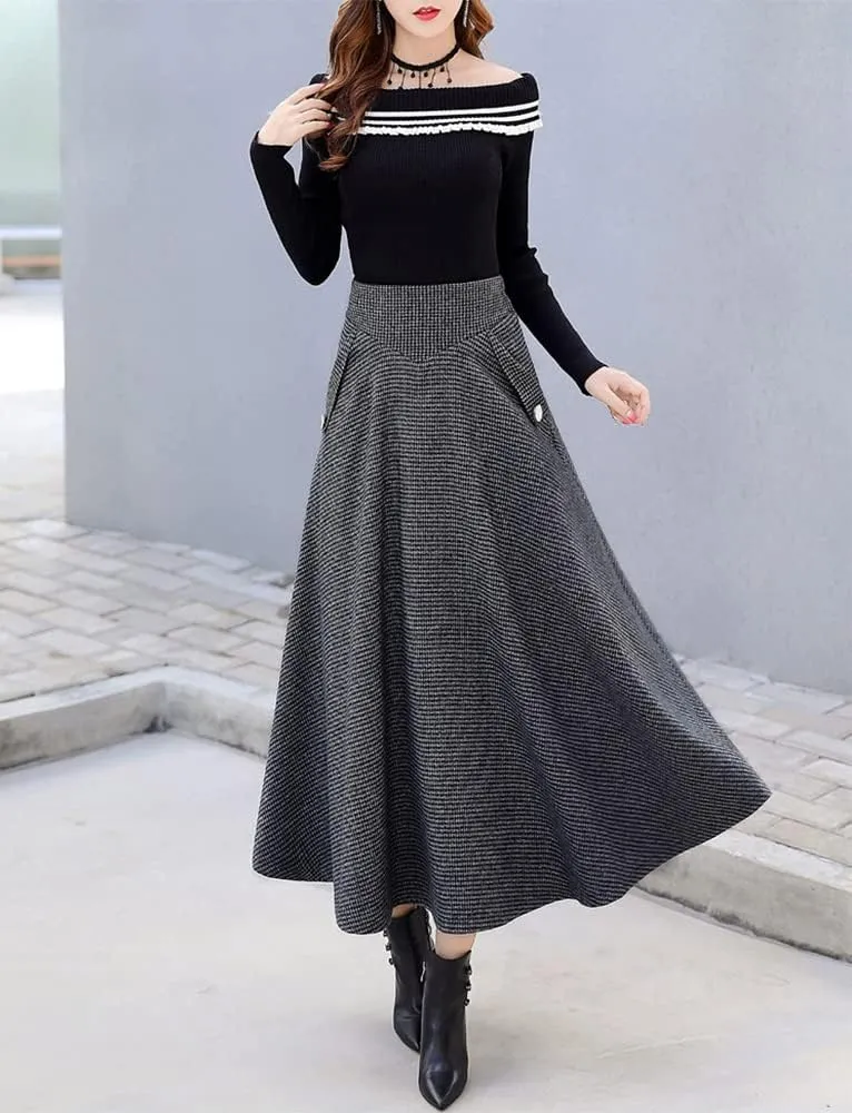 Ylingjun Warm Long Wool Skirt for Womens Winter Fall Elastic High Waisted A Line Flared Pleated Wool Skirts
