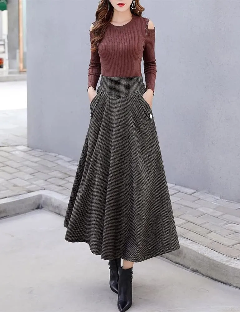 Ylingjun Warm Long Wool Skirt for Womens Winter Fall Elastic High Waisted A Line Flared Pleated Wool Skirts