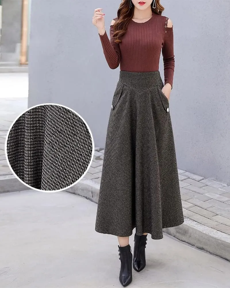 Ylingjun Warm Long Wool Skirt for Womens Winter Fall Elastic High Waisted A Line Flared Pleated Wool Skirts